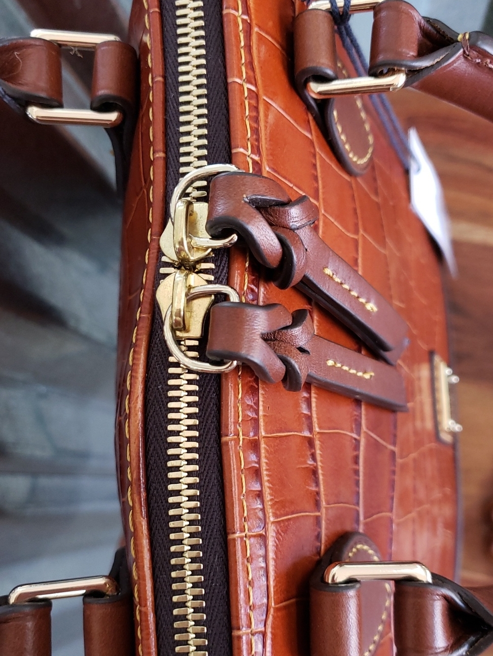 NWT Dooney & Bourke Croc-Embossed Leather ZIP ZIP Satchel in Cognac Brown - Picture 7 of 11